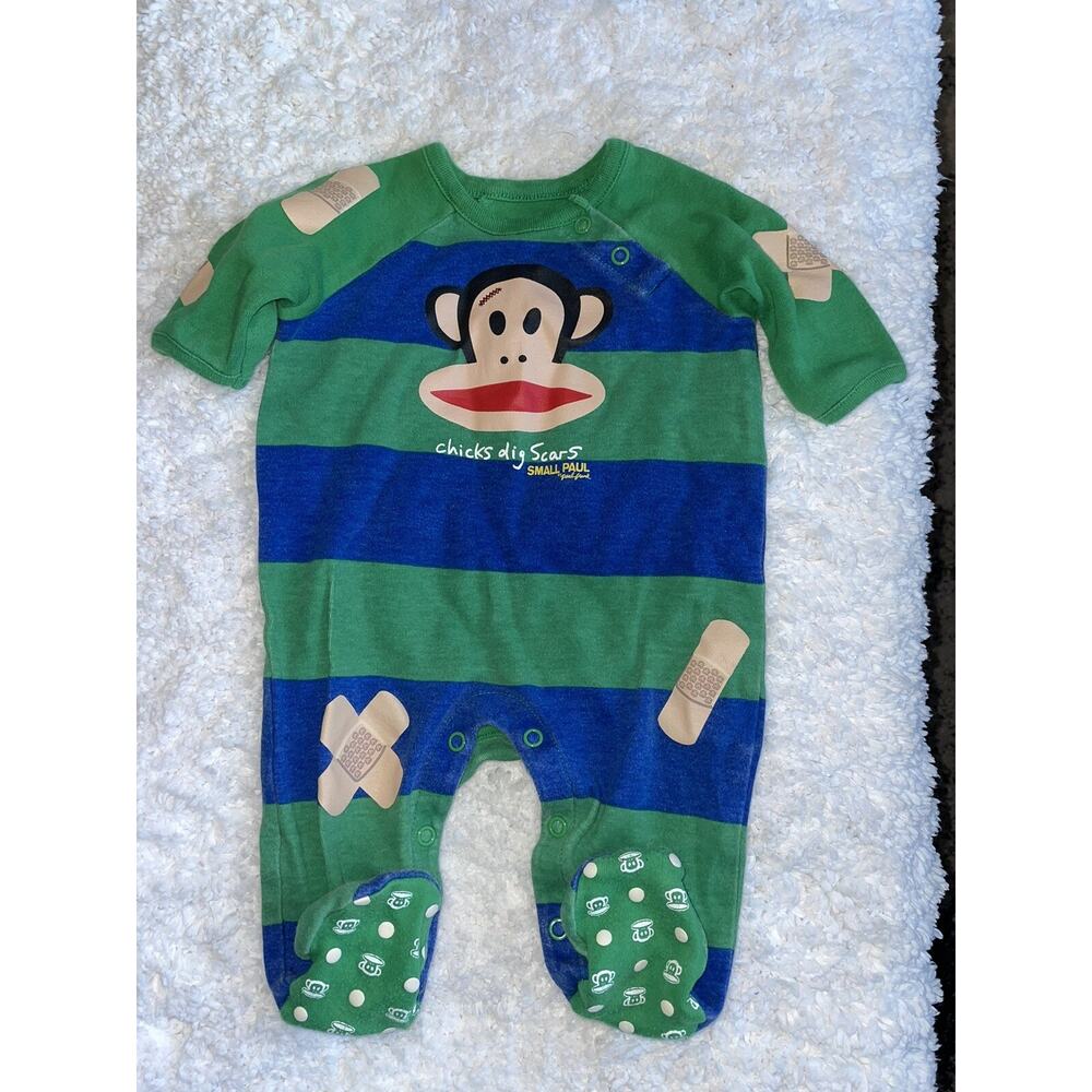 Small Paul Newborn boy one pc. bandaid themed striped footed romper. Adorable